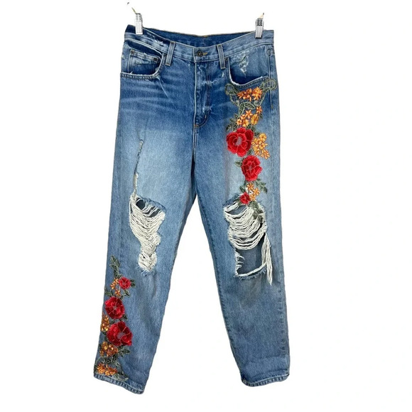 Carmar‎ Floral Embroidered Distressed Cropped Jeans Blue Size 28 - Picture 1 of 12